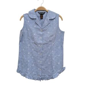 Shaver lake Vintage Cotton Chambray Embroidered Sleeveless Blouse Medium